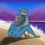  2016 3ds absurd_res anthro anthrofied beach blue_skin breasts brown_eyes butt cloud english_text female gamemaniac hi_res horn lapras looking_at_viewer looking_back marine nintendo nude outside pok&eacute;mon pok&eacute;morph sand seaside shell side_boob sitting sky small_breasts smile solo spots text video_games watermark 