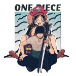  2boys bandana black_hair black_pants closed_mouth coat coat_on_shoulders commentary copyright_name earrings full_body hands_on_own_cheeks hands_on_own_face haramaki hat holding holding_sword holding_weapon indian_style jewelry katana looking_at_viewer male_focus monkey_d._luffy multiple_boys one_piece pants pirate_hat roronoa_zoro sandals scar scar_on_cheek scar_on_face shirt short_sleeves silver_mssk sitting straight-on straw_hat sword untranslatable_commentary weapon white_shirt 