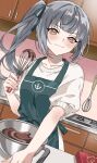  1girl :3 alternate_costume apron blush box brown_eyes chocolate chocolate_making commentary_request counter dutch_angle green_apron green_ribbon grey_hair hair_ribbon highres holding holding_whisk kantai_collection kasumi_(kancolle) looking_at_viewer medium_hair mixing_bowl ribbon side_ponytail solo stove sweater upper_body whisk white_sweater yakizakana_(sakana_u_u) 