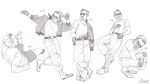  1boy absurdres belt bomber_jacket boots buzz_cut disco_elysium full_body glasses gloves greyscale hair_slicked_back highres jacket jacket_on_shoulders kim_kitsuragi kozmoraven1610 leaning_back looking_to_the_side male_focus monochrome multiple_views shirt shirt_tucked_in short_hair shorts squatting t-shirt very_short_hair walking 