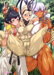  3girls belt bikini black_belt black_hair blue_eyes blush bra breast_press breasts cameltoe carrying carrying_person commentary_request covered_nipples dark-skinned_female dark_skin dougi earrings elena_(street_fighter) forest hakama hakama_pants high_ponytail holding holding_phone hoop_earrings ibuki_(street_fighter) japanese_clothes jewelry karate_gi katou_techu large_breasts lifting_person long_hair looking_at_viewer makoto_(street_fighter) medium_breasts multiple_girls muscular muscular_female nature ninja pants phone ponytail purple_eyes pussy_juice pussy_juice_drip_through_clothes pussy_juice_stain pussy_juice_trail red_bra selfie short_hair spread_legs street_fighter street_fighter_iii_(series) swimsuit underwear v variant_set white_bikini white_hair wide_spread_legs 