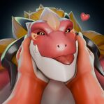 3d_(artwork) absurd_res anthro black_horn black_sclera blep blonde_hair digital_media_(artwork) dragon duo edvardiko front_view glistening glistening_eyes hair hi_res horn long_hair looking_at_viewer male male_anthro mouth_closed mythological_creature mythological_scalie mythology orange_eyes red_body red_tongue scalie simple_background solo_focus tongue tongue_out white_body