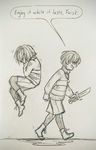  chara_(undertale) clenched_hand commentary covered_eyes covering_face dual_persona english floating frisk_(undertale) greyscale grin heart heart_necklace highres jewelry knife monochrome necklace parted_lips peppermintbee shorts sketch smile spoilers striped striped_sweater sweater traditional_media undertale walking 