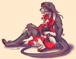  4_toes 5_fingers anthro black_nose canine clothed clothing duo eyes_closed female fox grey_hair hair lukiri male mammal midriff navel open_mouth red_hair simple_background sitting size_difference smile teeth toes tongue white_background wide_hips 