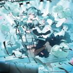  1girl aqua_eyes aqua_hair balloon black_thighhighs blue_choker blue_eyes blue_hair blue_shirt blue_skirt blush bow breasts choker collarbone commentary_request garter_straps hair_between_eyes hair_bow hat hatsune_miku heart_balloon highres holding holding_microphone lalang long_hair long_sleeves looking_at_viewer microphone microphone_stand midriff navel official_art open_mouth shirt shoes skirt smile solo stage stage_lights thighhighs twintails very_long_hair vocaloid 