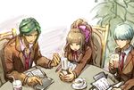  2boys blazer brown_hair cellphone cup danganronpa danganronpa_3 drinking drinking_glass drinking_straw flip_phone green_eyes green_hair hair_intakes hair_ribbon high_ponytail jacket kibougamine_gakuen_school_uniform long_hair loose_necktie multiple_boys munakata_kyousuke necktie notebook phone pink_eyes pointing purple_eyes red_neckwear ribbon sakakura_juuzou school_uniform silver_hair sitting table youko-shima younger yukizome_chisa 