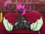 2025 3_toes 4:3 absurd_res anal_beads animal_dildo animal_sex_toy anklet black_body buttplug canine_dildo claws digital_drawing_(artwork) digital_media_(artwork) dildo double_dildo dragon dreyk-daro dripping_vulva english_description feet female feral finger_claws furniture genitals hair hi_res horn humanoid_hands inflatable_buttplug jewelry knot knotted_dildo looking_at_viewer membrane_(anatomy) membranous_wings mythological_creature mythological_scalie mythology on_sofa pink_hair plug_(sex_toy) ridged_dildo scalie sex_toy sitting sitting_on_sofa sofa solo stripes tapered_dildo toe_claws toes vulva whip white_stripes wings yellow_eyes
