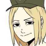  1girl black_eyes blonde_hair hat limestone_(artist) looking_at_viewer marichka military_hat military_uniform narrowed_eyes original russo-ukrainian_war short_hair simple_background smile solo sticker 
