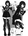  1girl @_@ absurdres alternate_costume animal_ears bags_under_eyes belt boots bottle breasts character_print choker claw_pose commentary cow_ears english_commentary fake_animal_ears frown gengar goth_fashion greyscale hat hex_maniac_(pokemon) hex_maniac_(pokemon_legends:_z-a) highres kekel licking_lips long_sleeves looking_at_viewer medium_breasts milk_bottle mimikyu miniskirt monochrome moomoo_milk multiple_views pokemon pokemon_legends:_z-a shirt short_sleeves skirt thighhighs tongue tongue_out torn_clothes torn_thighhighs zettai_ryouiki 