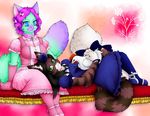  anthro avian bird chicken clothed clothing duo feline female feral fur hair looking_at_viewer lovelesskiax lying mammal on_back sitting smile 