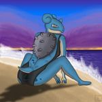  2016 3ds absurd_res anthro anthrofied beach blue_skin breasts brown_eyes butt clothed clothing cloud english_text female gamemaniac hi_res horn lapras looking_at_viewer looking_back marine nintendo outside pok&eacute;ball pok&eacute;mon pok&eacute;morph sand seaside shell side_boob sitting sky small_breasts smile solo spots swimsuit text video_games watermark 