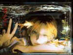  1boy absurdres blonde_hair closed_mouth expressionless eyelashes fingernails fish fish_tank goldfish haikyuu!! highres indoors kozume_kenma lips looking_at_animal male_focus medium_hair parted_bangs solo tan_peng_le water yellow_eyes 