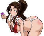  all_fours ass breasts brown_eyes brown_hair cleavage condom fatal_fury fundoshi highres japanese_clothes large_breasts long_hair looking_back ponytail shiranui_mai simple_background smile solo the_king_of_fighters thighs torii5011 white_background 