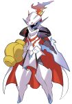  1boy arm_blade arm_cannon armarouge armor cape ceruledge commentary crossover fiery_hair flaming_eye full_body fusion greaves helmet highres ken_tatsuki omegamon pelvic_curtain pink_eyes pokemon pokemon_(creature) pokemon_sv red_cape shoulder_armor simple_background solo standing transparent_background weapon white_cape 