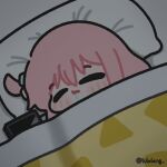  1girl blanket bocchi_the_rock! cellphone chibi chibi_only closed_eyes closed_mouth drooling gotoh_hitori head_on_pillow highres long_hair lulalang lying on_back one_side_up phone pillow pink_hair sleeping smartphone solo twitter_username under_covers 
