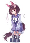  1girl animal_ears bag blunt_bangs blush bow bowtie breasts brown_hair collarbone commentary ear_covers hair_ornament hairband highres holding holding_bag horse_ears horse_girl horse_tail long_sleeves morizu929 nishino_flower_(umamusume) open_mouth pink_hairband pleated_skirt purple_eyes purple_sailor_collar purple_serafuku purple_shirt purple_skirt purple_thighhighs sailor_collar sailor_shirt school_bag school_uniform serafuku shirt short_hair skirt small_breasts smile solo tail thighhighs tracen_school_uniform umamusume untranslatable_commentary white_bow white_bowtie x_hair_ornament 
