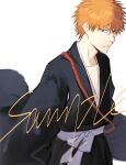  1boy absurdres black_hakama black_kimono bleach brown_eyes chinese_commentary closed_mouth commentary hakama hakama_pants highres ihsekodwww japanese_clothes kimono kurosaki_ichigo looking_at_viewer male_focus orange_hair pants sample_watermark shihakusho shinigami short_hair simple_background solo spiked_hair watermark white_background 