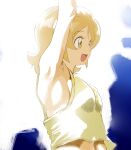  1girl arm_up armpits blue_background breasts commentary_request from_side gan_balance happinesscharge_precure! medium_hair midriff oomori_yuuko open_mouth partial_commentary precure sideboob small_breasts smile solo tank_top white_background yellow_eyes yellow_tank_top 