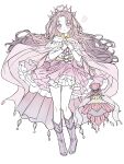  1girl blush boots bow bowtie cape corset crown diancie full_body gloves gold_choker heart heart-shaped_pupils highres humanization looking_at_viewer mega_diancie natsun_(4869ntmmmmm) pink_bow pink_bowtie pink_cape pink_eyes pink_hair pink_skirt pokemon pokemon_(creature) purple_boots purple_hair simple_background skirt standing symbol-shaped_pupils white_background white_corset white_gloves 