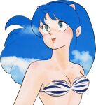  1980s_(style) 1girl animal_print aqua_eyes bikini blue_hair blue_sky breasts cone_horns horns long_hair looking_up lum medium_breasts mixed_media non-web_source official_art painting_(medium) photo_(medium) pointy_ears red_lips retro_artstyle simple_background sky solo strapless strapless_bikini swimsuit takahashi_rumiko teeth tiger_print traditional_media upper_teeth_only urusei_yatsura watercolor_(medium) white_background 