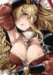  absurdres bangs black_bow blonde_hair bow breasts cleavage detached_collar detached_sleeves dress gauntlets granblue_fantasy hair_bow hair_in_mouth highres long_hair long_sleeves looking_at_viewer lying medium_breasts on_back open_mouth red_eyes solo torimahera twitter_username untied vira_lilie 