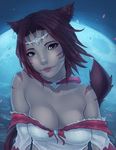  animal_ears bare_shoulders breasts cat_ears cat_tail circlet cleavage earrings facial_mark final_fantasy final_fantasy_xiv green_eyes jewelry large_breasts lips miqo'te moon night pale_skin red_hair short_hair solo soranamae tail white_mage 