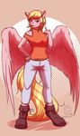 2016 5_fingers anthro blonde_hair clothed clothing equine eyelashes feathered_wings feathers female fur hair mammal mykegreywolf pegasus pink_feathers pink_fur purple_eyes simple_background solo standing wide_hips wings 