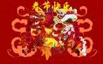  2girls amity_blight brown_eyes brown_hair chinese_clothes chinese_new_year chinese_text commentary dark-skinned_female dark_skin english_commentary eyebrow_cut kuma20151225 lion_dance looking_at_viewer luz_noceda multiple_girls pointy_ears purple_hair red_background shishimai smile teeth the_owl_house upper_teeth_only yellow_eyes 