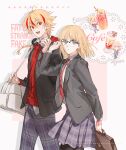 1boy 1girl absurdres adjusting_eyewear ahoge alternate_costume bag blonde_hair braid bright_pupils brown_bag character_name chibi chibi_inset chinese_commentary collared_shirt command_spell commentary_request copyright_name cowboy_shot cup diagonal-striped_clothes diagonal-striped_necktie drawstring excalibur_(fate/strange_fake) fate/strange_fake fate_(series) food fruit gakuran glasses grey_eyes headphones headphones_around_neck highres holding holding_bag hood hood_down hoodie jacket looking_at_viewer mimulishizi multicolored_hair multiple_views necktie open_clothes open_jacket orange_(fruit) orange_slice pants pantyhose plaid_clothes plaid_pants plaid_skirt red_eyes red_hair red_hoodie red_necktie richard_i_(fate) sajou_ayaka_(fate/strange_fake) school_bag school_uniform shadow shirt skirt streaked_hair striped_clothes two-tone_hair white_bag 