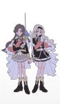  173_mkt 2girls aiguillette arm_at_side arms_at_sides belt belt_buckle black_boots black_hairband black_jacket black_skirt blonde_hair blush_stickers boots brown_hair buckle closed_mouth commentary curtained_hair epaulettes full_body fur-trimmed_jacket fur_trim grey_skirt hair_ribbon hairband hands_up heel_up highres holding holding_sword holding_weapon invisible_floor jacket jacket_on_shoulders light_frown long_hair long_sleeves looking_to_the_side miniskirt multicolored_jacket multiple_girls no_sclera parted_bangs pleated_skirt purple_eyes purple_ribbon red_jacket red_sash ribbon saijou_claudine sash shirt shoujo_kageki_revue_starlight shoulder_sash side-by-side sideways_glance simple_background single_horizontal_stripe single_stripe skirt smile standing striped_clothes striped_skirt sword tassel tendou_maya two-sided_fabric two-sided_jacket two-tone_jacket v-shaped_eyebrows waist_cape wavy_hair wavy_sidelocks weapon white_background white_shirt white_trim yellow_belt yellow_trim 