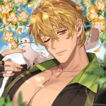  1boy animal animal_on_shoulder bags_under_eyes black_gloves blonde_hair blush brown_shirt closed_mouth collar collarbone collared_shirt ermine fingerless_gloves fingernails flower flower_in_mouth gloves green_collar green_leaf hair_between_eyes hand_up large_pectorals leaf looking_at_viewer male_focus mouth_hold muscular muscular_male nu_carnival orange_eyes partially_open_shirt pectoral_cleavage pectorals plant portrait quincy_(nu_carnival) riba_river shirt short_hair surrounded_by_flowers weasel yellow_flower 