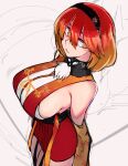  1girl armpit_crease bare_shoulders black_garter_straps black_thighhighs blush bob_cut breasts chinese_knot closed_mouth cowboy_shot from_side garter_straps gradient_hair hair_between_eyes hairband haori highres japanese_clothes jeaike_art kureha_(senran_kagura) large_breasts leaf_print looking_at_viewer maple_leaf_print medium_hair miniskirt multicolored_hair orange_eyes orange_hair pleated_skirt red_hair senran_kagura senran_kagura_new_link shiny_skin sideboob sketch_background skirt tassel thighhighs two-tone_hair 