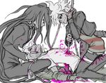  arched_back bandages blood blood_on_face chain closed_eyes covered_mouth cuts danganronpa dual_persona formal guro hands_on_another's_face impaled injury kamukura_izuru komaeda_nagito long_hair looking_at_another male_focus messy_hair multiple_boys necktie off_shoulder pink_blood red_eyes ripped_jeans rope servant_(danganronpa) sexually_suggestive spoilers spot_color straddling suit super_danganronpa_2 very_long_hair white_background yandr4hope yaoi zettai_zetsubou_shoujo 