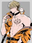  1boy abs animal animal_on_shoulder arm_belt bags_under_eyes bare_pectorals belt black_belt black_choker blonde_hair bracelet chest_tattoo choker closed_mouth clothed_animal collarbone collared_jacket cross_scar ermine gem grey_background hand_up hu_maco jacket jewelry jumpsuit large_pectorals looking_at_animal looking_at_another male_focus manly muscular muscular_male navel nipples nu_carnival official_alternate_costume official_alternate_hairstyle open_clothes open_jacket orange_eyes orange_jacket orange_jumpsuit orange_pants pants pectorals petting prison_clothes quincy_(nu_carnival) quincy_(shackled_thug)_(nu_carnival) scar scar_on_chest short_hair simple_background single_bare_shoulder sleeve_rolled_up tattoo topper_(nu_carnival) undercut v-taper veins veiny_arms weasel yellow_gem zipper 