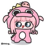  >_< 1girl :d blue_eyes bocchi_the_rock! chibi chibi_only dinosaur_costume full_body gotoh_futari gotoh_hitori gotoh_hitori_(octopus) happy highres looking_at_viewer lulalang open_mouth outstretched_arms pink_hair short_hair simple_background smile solo_focus standing twitter_username two_side_up white_background 