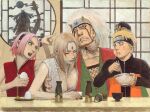 2boys 2girls blonde_hair blush breasts drunk facial_mark flak_jacket food grabbing_another's_breast groping haruno_sakura huge_breasts jacket japanese_clothes jiraiya_(naruto) kimono large_breasts long_hair mature_female mature_male multiple_boys multiple_girls naruto_(series) naruto_shippuuden noodles old old_man old_woman open_clothes open_kimono pink_hair ramen samura_hiroaki teacher_and_student tsunade_(naruto) uzumaki_naruto white_hair 