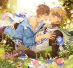  2boys animal animal_on_back antenna_hair arm_belt bags_under_eyes belt belt_collar black_gloves black_pants blonde_hair blue_flower blue_gem blue_headband blue_jacket bracelet brown_belt brown_choker brown_hair bug butterfly choker clothed_animal clothing_cutout collar crystal_necklace easter_egg egg eiden_(nu_carnival) elbow_gloves ermine fingerless_gloves flower gem gloves hair_between_eyes hair_vines headband highres holding hood hood_down jacket jewelry looking_at_another lying_on_person male_focus multiple_boys muscular muscular_male necklace nu_carnival official_alternate_costume on_ground open_clothes open_jacket orange_eyes pants parted_lips pectorals pendant plant puthialt quincy_(buckeye_miracle)_(nu_carnival) quincy_(nu_carnival) rabbit shirt short_hair single_bare_shoulder tassel thigh_strap toned toned_male topper_(nu_carnival) turtleneck vines weasel white_belt white_shirt yaoi yellow_gem 