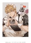  1boy alternate_costume animal animal_on_shoulder apron bags_under_eyes blonde_hair clothed_animal commentary_request corset crossdressing crossdressing_(mtf) ermine hair_between_eyes heart heart_hands joshua_drac looking_at_viewer maid maid_apron maid_headdress male_focus male_maid nu_carnival orange_eyes picture_frame quincy_(nu_carnival) short_hair simple_background topper_(nu_carnival) twitter_username upper_body weasel wrist_cuffs 
