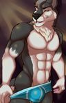  2016 abs abstract_background anthro biceps biting_lip black_nose blue_eyes boxer_briefs bulge canine clothed clothing digital_media_(artwork) fcsimba front_view fur grey_fur half-closed_eyes hi_res looking_at_viewer male mammal multicolored_fur muscular muscular_male pecs portrait seductive solo standing teasing teeth three-quarter_portrait two_tone_fur underwear underwear_pull weazy white_fur wolf 