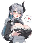 ... 1girl aningay apron asymmetrical_horns black_bow black_dress blue_eyes blue_hair blush bow breast_lift breasts cleavage collared_dress commentary_request dress frilled_apron frills green_eyes grey_hair hair_between_eyes heart heterochromia highres horns indie_virtual_youtuber korean_commentary kumir_(vtuber) large_breasts long_hair long_sleeves looking_at_viewer maid multicolored_hair open_mouth puffy_long_sleeves puffy_sleeves simple_background solo spoken_ellipsis spoken_heart two-tone_hair upper_body very_long_hair virtual_youtuber white_apron white_background 
