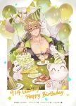  1boy animal animal_on_shoulder bacon balloon birthday_cake birthday_date birthday_party blonde_hair bracelet cake candle candlelight chest_harness closed_mouth collar confetti covered_eyes down_jacket elbow_on_table elbow_rest ermine eye_mask facebook_username fingerless_gloves food gem gloves green_collar green_jacket hair_between_eyes happy_birthday harness hat head_rest head_tilt jacket jewelry joshua_drac large_pectorals male_focus mask nu_carnival partially_open_shirt party_hat party_popper pectoral_cleavage pectorals picture_frame plate quincy_(nu_carnival) ribbon sandwich short_hair sleep_mask topper_(nu_carnival) twitter_username upper_body weasel yellow_gem 