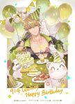  1boy animal animal_on_shoulder bacon bags_under_eyes balloon birthday_cake birthday_date birthday_party blonde_hair bracelet cake candle candlelight chest_harness closed_mouth collar confetti down_jacket elbow_on_table elbow_rest ermine facebook_username fingerless_gloves food gem gloves green_collar green_jacket hair_between_eyes happy_birthday harness hat head_rest head_tilt jacket jewelry joshua_drac large_pectorals light_smile looking_at_viewer male_focus nu_carnival orange_eyes partially_open_shirt party_hat party_popper pectoral_cleavage pectorals picture_frame plate quincy_(nu_carnival) ribbon sandwich short_hair topper_(nu_carnival) twitter_username upper_body weasel yellow_gem 