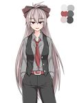  alternate_color alternate_costume belt black_bow black_pants black_vest blush bow brown_eyes commentary_request contemporary cowboy_shot dress_shirt fujiwara_no_mokou grey_hair grey_shirt hair_bow hair_ribbon hands_in_pockets kuroba_rapid long_hair long_sleeves necktie open_clothes open_vest pants parted_lips ponytail red_eyes ribbed_shirt ribbon shirt silver_hair smile solo touhou very_long_hair vest waistcoat 