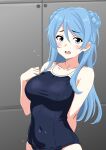  1girl absurdres blue_eyes blue_hair blush bone_namu_(namu49850) breasts commentary_request competition_school_swimsuit covered_navel double_bun embarrassed hair_bun highres indoors kantai_collection large_breasts long_hair school_swimsuit solo swimsuit urakaze_(kancolle) 