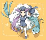  1girl :) altaria bird blush choker full_body gloves goggles goggles_on_head gym_leader hand_on_hips long_hair nagi_(pokemon) pointing pointing_up pokemon pokemon_(creature) pokemon_(game) pokemon_rse ponytail purple_eyes purple_hair shoes smile star viavin 