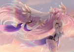  1girl bell black_shorts breasts commentary corset diamond-shaped_pupils diamond_(shape) elf elysia_(herrscher_of_human:_ego)_(honkai_impact) elysia_(honkai_impact) from_side gloves gradient_sky highres honkai_(series) honkai_impact_3rd large_breasts long_hair looking_at_viewer micro_shorts moonie_(9hlntncfa9) pink_hair pointy_ears purple_eyes shorts sky solo symbol-shaped_pupils thighs veil very_long_hair white_corset white_gloves white_veil 
