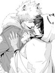  2boys animal_ears bakugou_katsuki belt_collar boku_no_hero_academia closed_eyes collar commentary_request dtd_mha fangs freckles fur-trimmed_hood fur_trim ghost_costume greyscale halloween_costume happy highres hood hood_down hood_up jacket male_focus midoriya_izuku monochrome multiple_boys open_mouth short_hair sideburns simple_background smile spiked_hair upper_body white_background wolf_ears yaoi 
