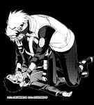  3boys aged_down commentary_request dual_persona fingerless_gloves flak_jacket forehead_protector gloves goggles goggles_on_head gyogyo_hjj hatake_kakashi headband highres jacket kneeling konohagakure_shinobi_uniform konohagakure_symbol korean_commentary male_focus mask mouth_mask multiple_boys naruto_(series) naruto_shippuuden one_eye_closed open-toe_shoes red_eyes scar scar_across_eye scar_on_face strangling translation_request uchiha_obito 