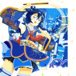  1girl angelic_angel blue_hair blue_kimono blue_sleeves bow braid braided_hair_rings brown_eyes city detached_sleeves floral_print hair_rings hand_fan highres holding holding_fan japanese_clothes kimono long_hair love_live! love_live!_school_idol_project obi official_alternate_costume ohayo_tamago open_mouth outdoors print_sleeves red_bow sash solo sonoda_umi standing thighhighs twin_braids twitter_username 