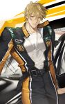  1boy arm_support bags_under_eyes belt black_belt black_car blonde_hair car collar collared_jacket covered_pectorals cowboy_shot hair_between_eyes jacket jumpsuit large_pectorals leaning_back looking_at_viewer male_focus motor_vehicle muscular muscular_male nu_carnival open_clothes open_jacket orange_collar orange_eyes pants parted_lips pectorals quincy_(nu_carnival) racing_suit riba_river shirt short_hair simple_background solo white_shirt zipper 